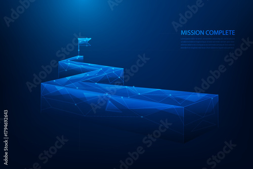 mountain road tstep to success with flag goal blue background. business achievement and vision. mission complete concept. vector illustration fantastic technology