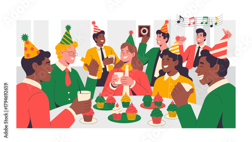 Celebration of joy: Group of joyful individuals gather around a table adorned with cupcakes, laughter, and cheer. capturing the pure joy of the celebration.