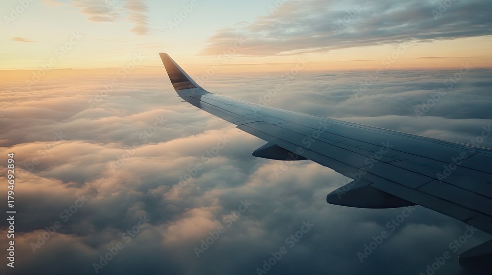 Obraz premium Breathtaking View from Airplane Window at Sunset Over the Cloudy Sky Exudes Tranquility and Adventure in the Golden Hour of Travel Experience