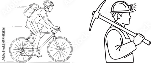 Line art illustration depicting cyclist and miner on white background