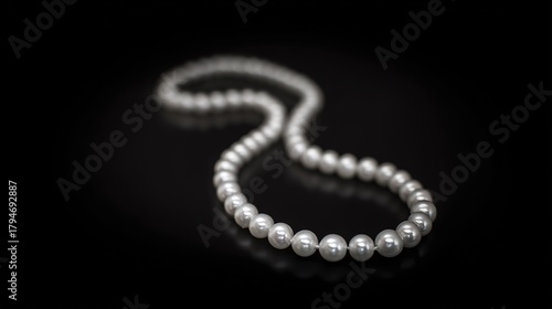 Pearl necklace, lustrous gray pearls, on black reflective background, close-up view, copy space.