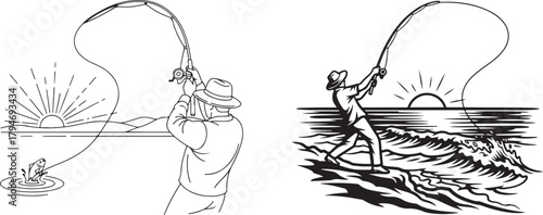 Fishing Silhouette Vector Art: Angler Catching Fish at Sunrise