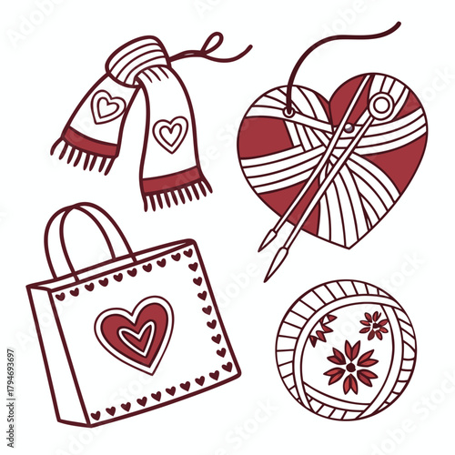 Knitting and Sewing Supplies with Hearts Keywords: knitting, yarn, heart, scarf, sewing, bag