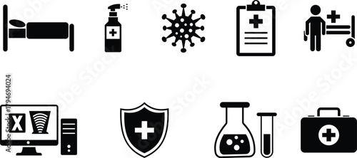 Collection of medical and health icons representing hospital, virus, prevention, and research elements.