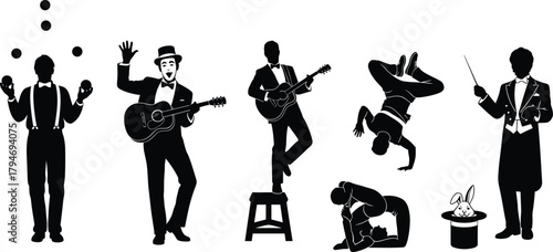 Performing arts silhouette set, entertainers in action, black and white vector illustration, juggling, music, dance, magic, martial arts