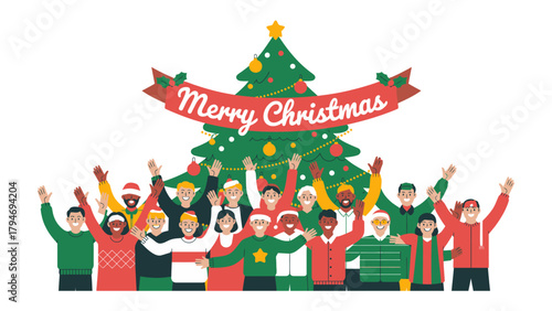 Joyful Christmas Gathering: A diverse group of friends and family stand together in front of a decorated Christmas tree, arms raised in joyful celebration, creating a warm, festive scene.