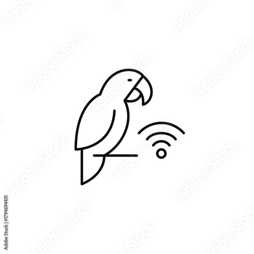 Parrot on perch and wi-fi. Pet monitoring, smart tracking devices. Internet of things care. Pixel perfect, editable stroke vector icon