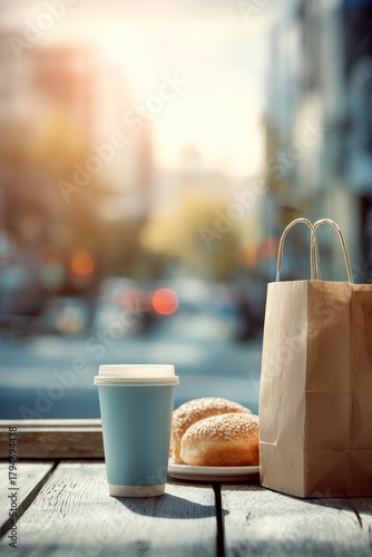 Sunlit Morning Coffee Break with Pastries by a Bustling City Window.