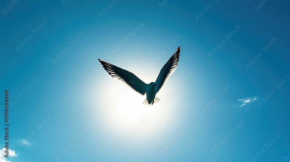Obraz premium Majestic Bird in Flight Against a Bright Sky with Sunlight Creating a Beautiful Halo Effect Around Its Outspread Wings