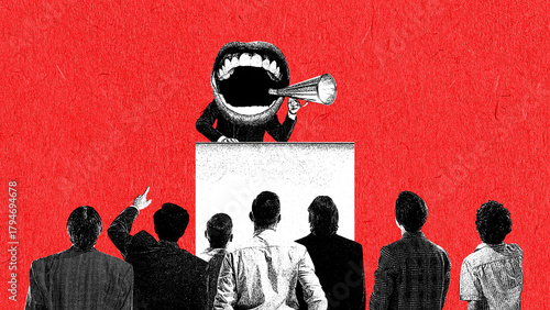 Bold collage of giant shouting mouth addressing business crowd with aggressive authority. Concept of leadership pressure, corporate conflict, communication issues, marketing visuals, editorial design.