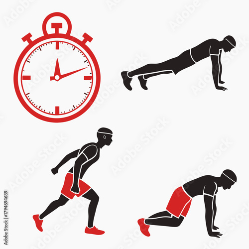 Fitness workout icons with stopwatch and silhouetted people
