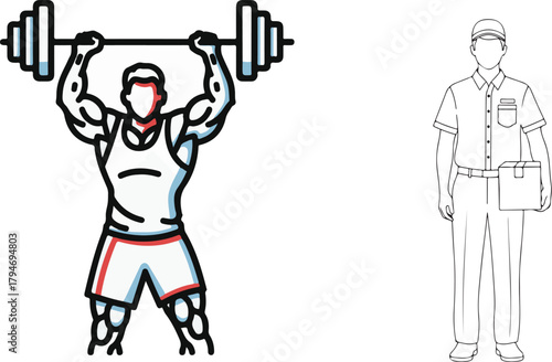 Weightlifter and Delivery Man Line Art Illustration