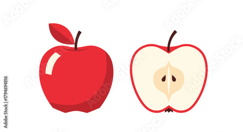 A ripe red apple and its cross-section revealing its seeds and core.