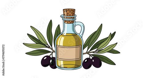 A clear illustration of a glass bottle filled with golden olive oil surrounded by fresh olive branches and ripe olives.