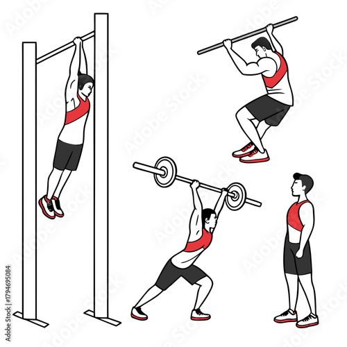 Men performing various exercises on bars and with weights