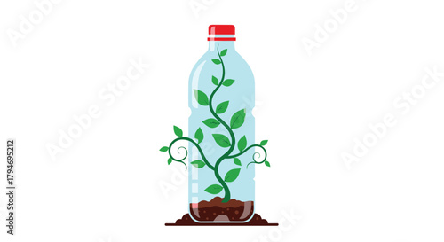 A tiny plant grows inside a recycled plastic bottle with soil and water.