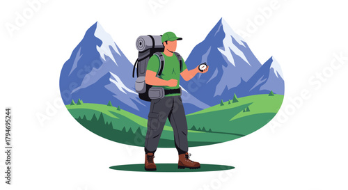 A hiker with a backpack and a compass stands in front of a mountainous landscape.
