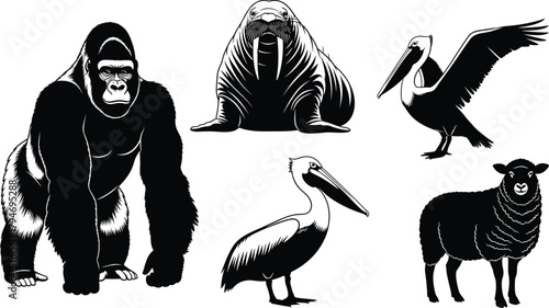 Animal silhouettes, gorilla, walrus, pelican, sheep, wildlife icons, black shapes, vector animals, nature symbols, isolated creatures, stock illustration