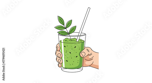 Healthy green smoothie with fresh mint leaves and a straw in a glass jar.