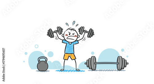 A tired cartoon man struggling to lift heavy dumbbells during a strenuous workout session.