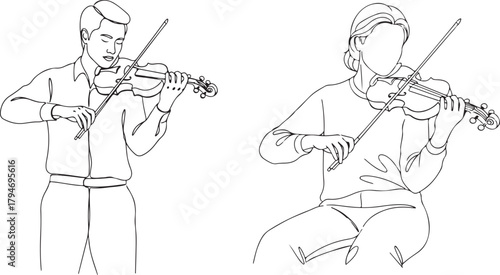 Line drawing illustration of two musicians playing violins