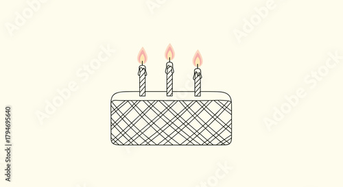 A delicious cake with three lit candles sits on a light yellow background for a festive occasion.