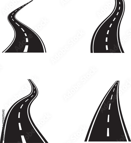 Collection of four stylized winding asphalt roads with white lane markings