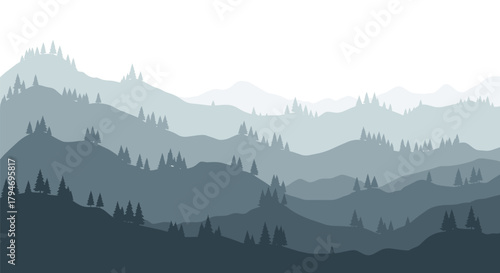 A serene landscape featuring a series of majestic misty mountains and dense pine forests stretching across the horizon under a pale sky.