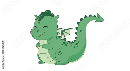 A cute happy green baby dragon is playfully dancing with closed eyes in a joyful manner.