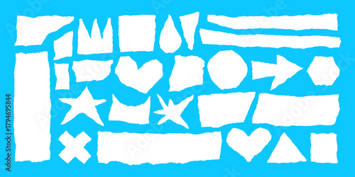 Jagged edge torn paper piece collage grunge cut out shapes vector illustration. Ripped paper abstract frame shape text box template collection.