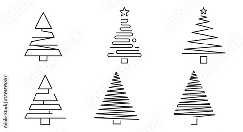 Modern minimalist Christmas tree designs in a stylized outline art style.