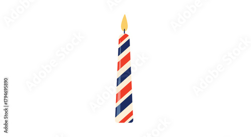 A single striped birthday candle burns brightly with a warm flame against a white background.