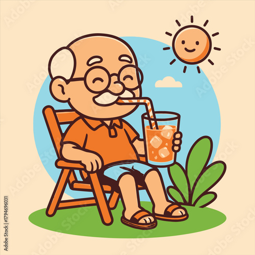 Cheerful grandfather enjoying a refreshing summer drink outdoors, a vibrant flat vector logo illustration depicting relaxation and happy retirement