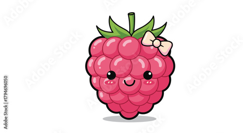 A cute cartoon raspberry character with a bow on its head.