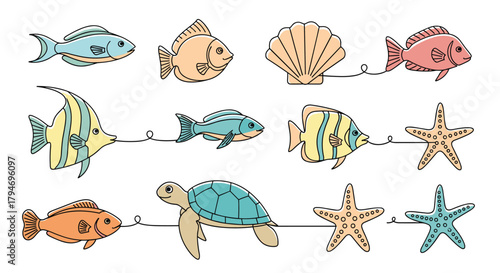 A delightful collection of colorful ocean creatures including fish seashells and starfish.