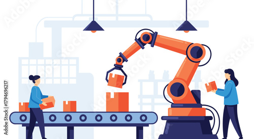 Automated manufacturing process with robotic arm assembling products on a conveyor belt attended by workers.