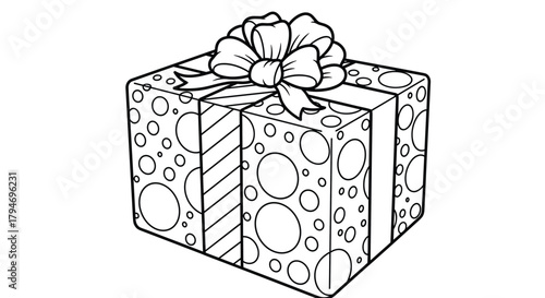 A festive gift box adorned with a cheerful bow and patterned wrapping paper.