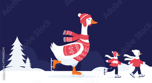 A festive goose and its little goslings enjoy a delightful winter ice skating adventure on a snowy evening.