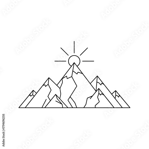 Stylized mountain range illustration with a sunburst above the peaks