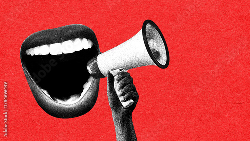 Powerful collage of a wide open mouth shouting into a megaphone. Concept of strong voice, activism, marketing power, social messaging and expressive communication.