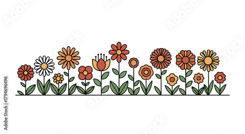 A delightful row of colorful cartoon flowers with green stems and leaves.