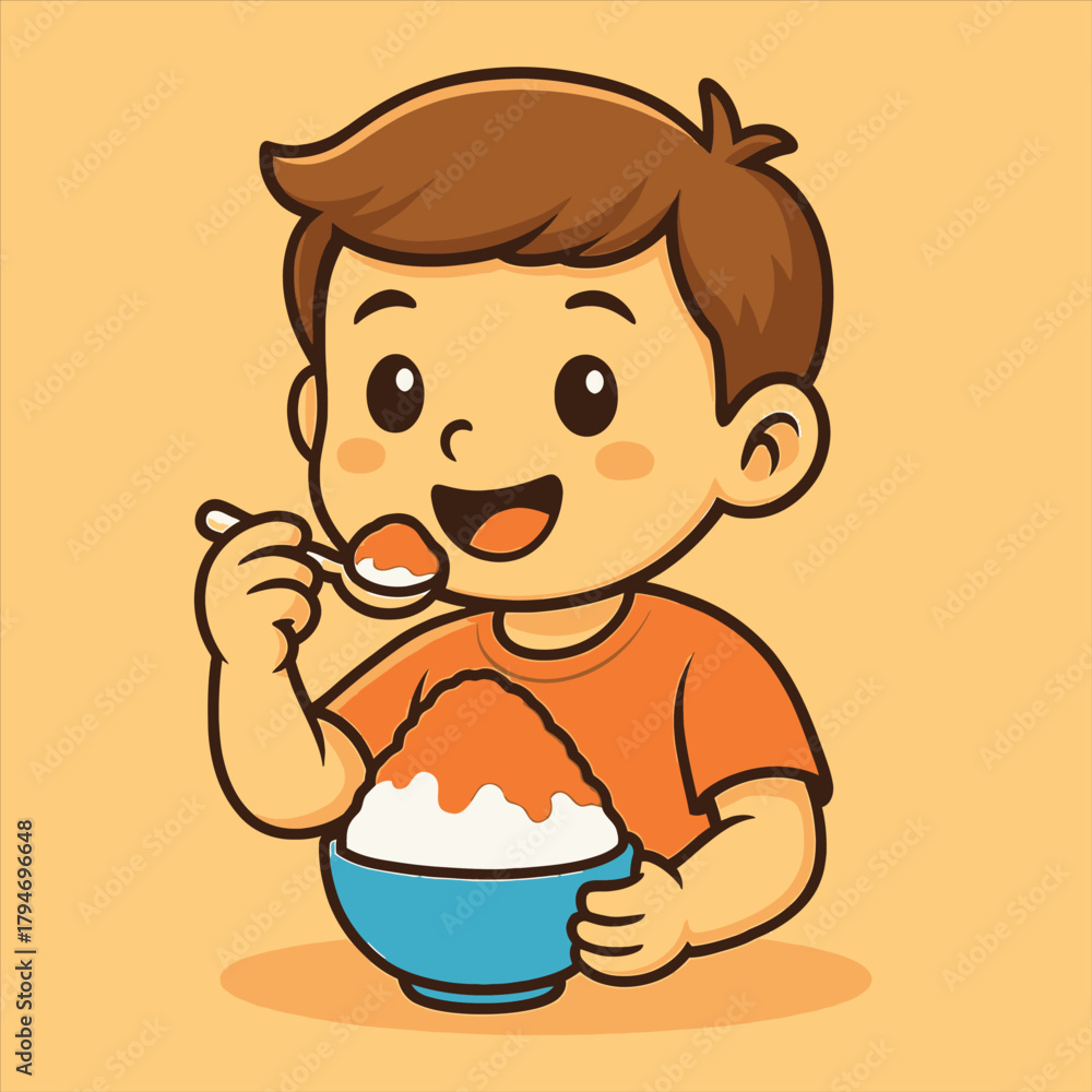 Fototapeta premium Happy boy enjoying a sweet dessert from a bowl, cute cartoon character flat vector logo illustration