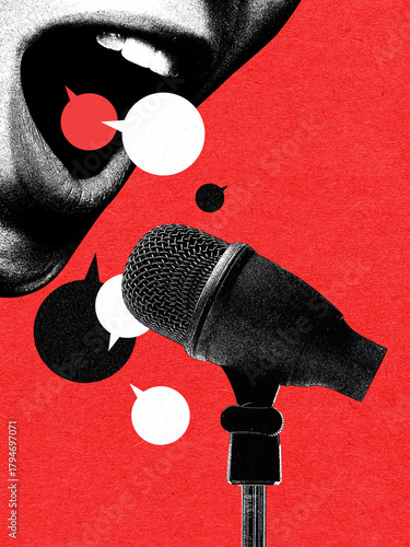 Vibrant collage of a shouting mouth and a microphone surrounded by speech bubbles. Concept of public speaking, vocal expression, media communication and energetic message delivery.