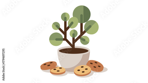 Sweet Harmony: A charming composition of a potted plant nestled beside a cluster of delightful cookies, offering a sense of simple pleasures and contentment.