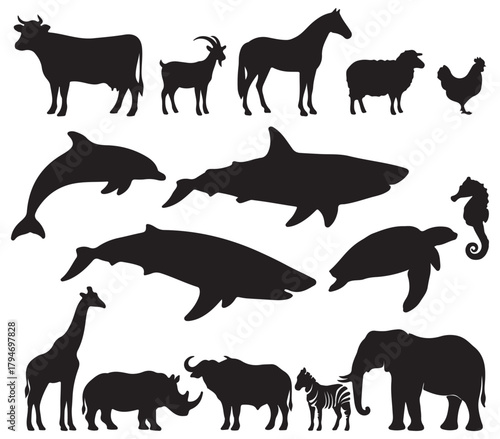 Silhouettes of diverse animals including farm sea and african wildlife