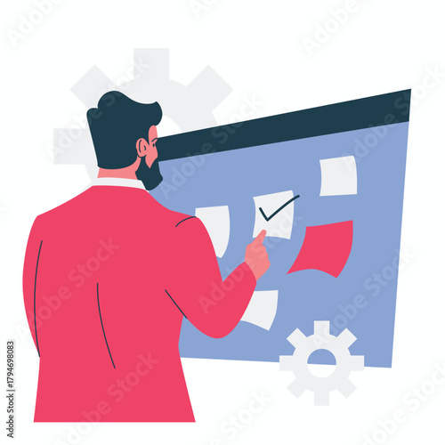 Task Management reviewing completed tasks and analyzing progress to optimize future planning illustration