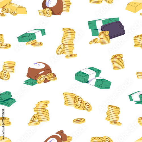 Repeatable pattern of stacks of coins and cash money. Endless background of dollar bills, bags of euro, wallets with wads of banknotes. Finance in bank and wealth. Flat seamless vector illustration