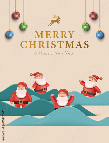 3D Santa Character Celebrating Christmas with Baubles in Beige Background . Christmas Poster Design Vector Illustration 