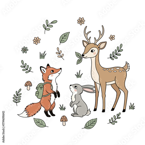 Adorable woodland animals a fox, deer, and rabbit in a playful forest scene