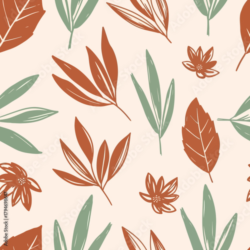 Seamless pattern featuring hand-drawn leaves and floral elements in earthy tones and natural style
